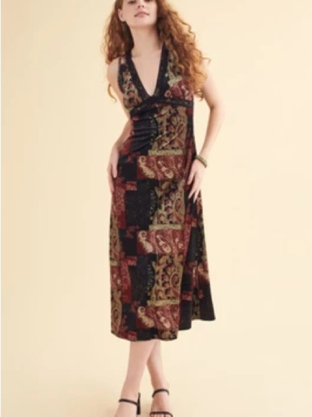 EARTHBOUND Patchwork V-Neck Midi Dress in Black, Brown and Olive